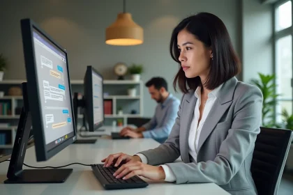 Chargée de succès client en entreprise SaaS utilisant un logiciel de live chat sur double écran pour réduire le churn