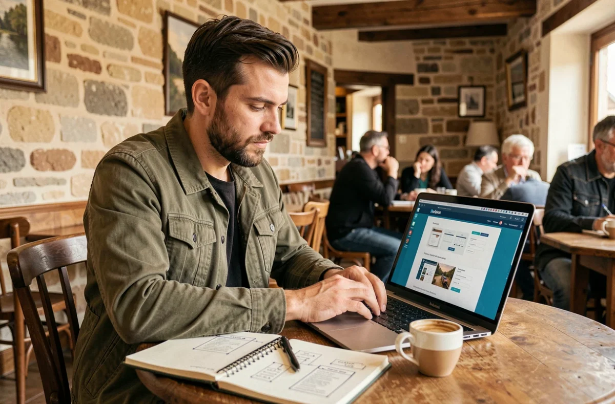 Charly Duguey, webdesigner freelance dans la Manche, travaillant de manière autonome dans un café normand sur des prototypes de sites