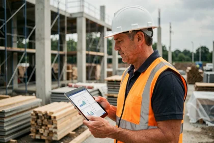 Chef de chantier BTP consultant un logiciel de suivi de chantier sur tablette numérique sur un site de construction actif