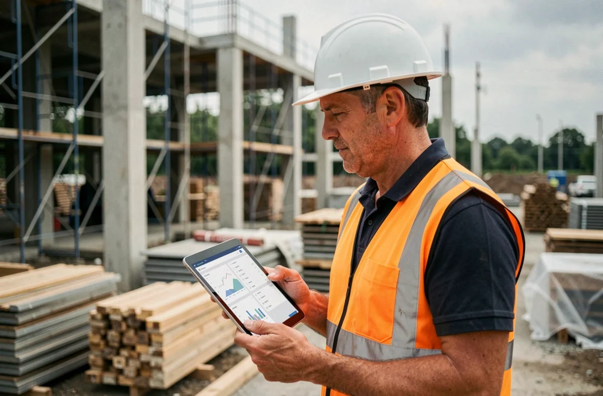 Chef de chantier BTP consultant un logiciel de suivi de chantier sur tablette numérique sur un site de construction actif