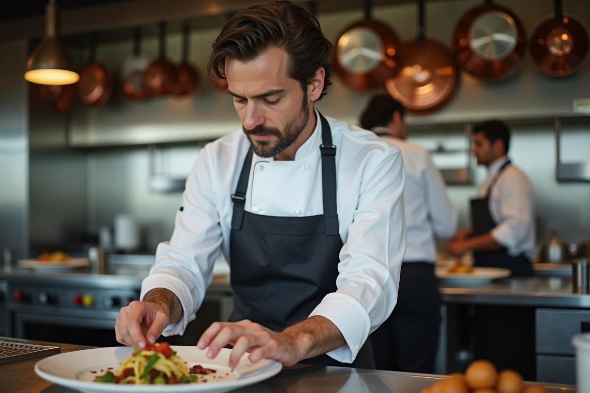 Chef cuisinier en cuisine professionnelle d'hôtel concentré sur le dressage d'un plat, symbolisant la montée en compétences dans l'hôtellerie-restauration