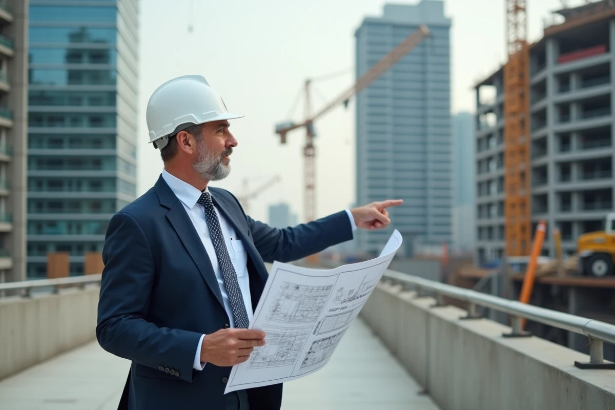 Homme confiant en costume et casque de chantier sur un site de construction