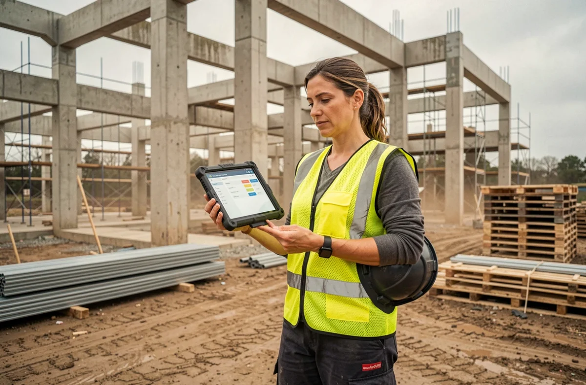 Chef de projet BTP sur chantier consultant une plateforme fournisseurs numérique sur tablette