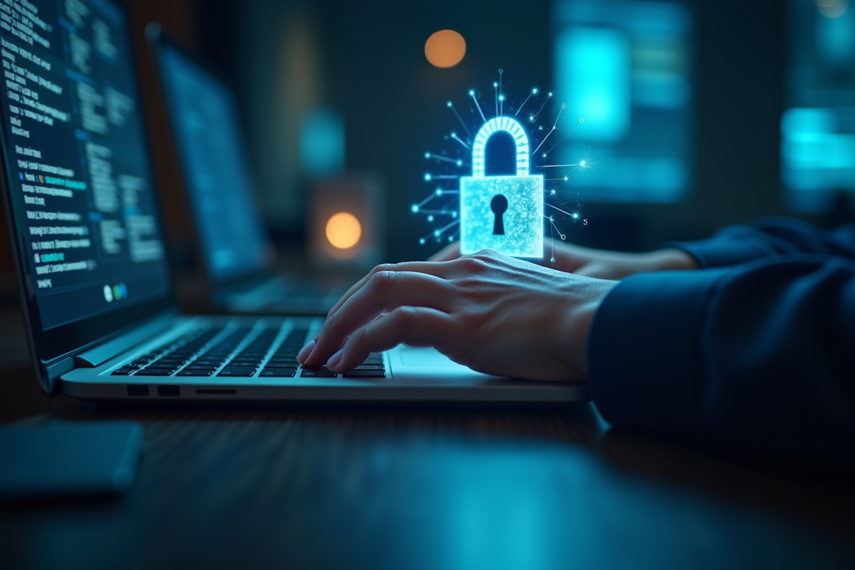 Mains tapant sur un clavier avec un hologramme de cadenas numérique