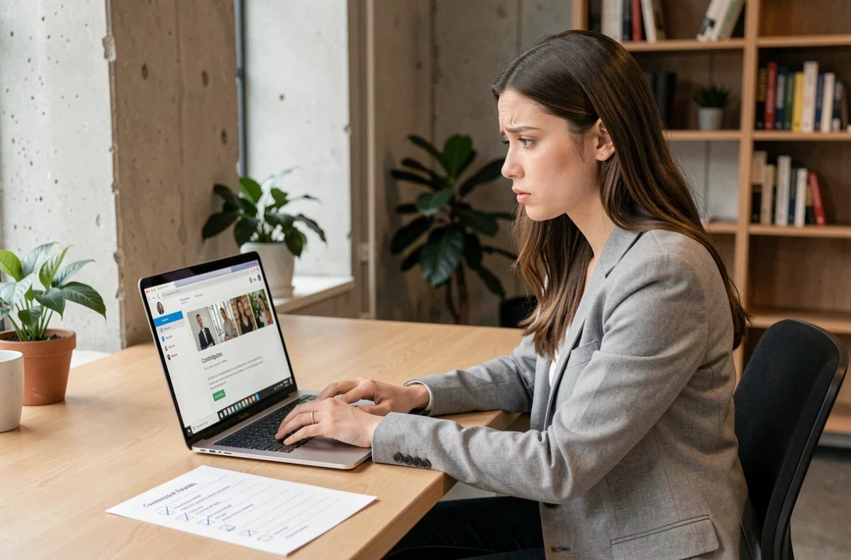 Femme professionnelle déçue par un profil de prestataire incomplet sur son ordinateur portable