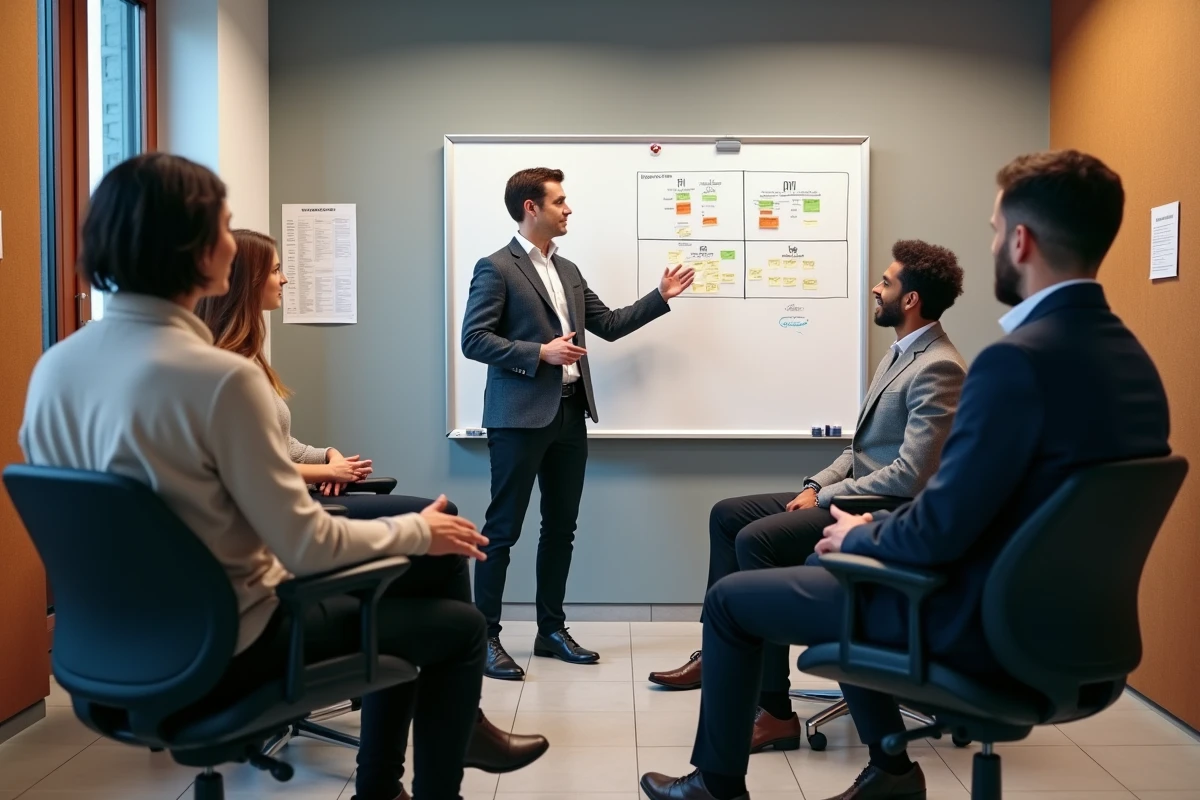 Session de coaching d'équipe autour des profils comportementaux PI avec tableau blanc et diagrammes