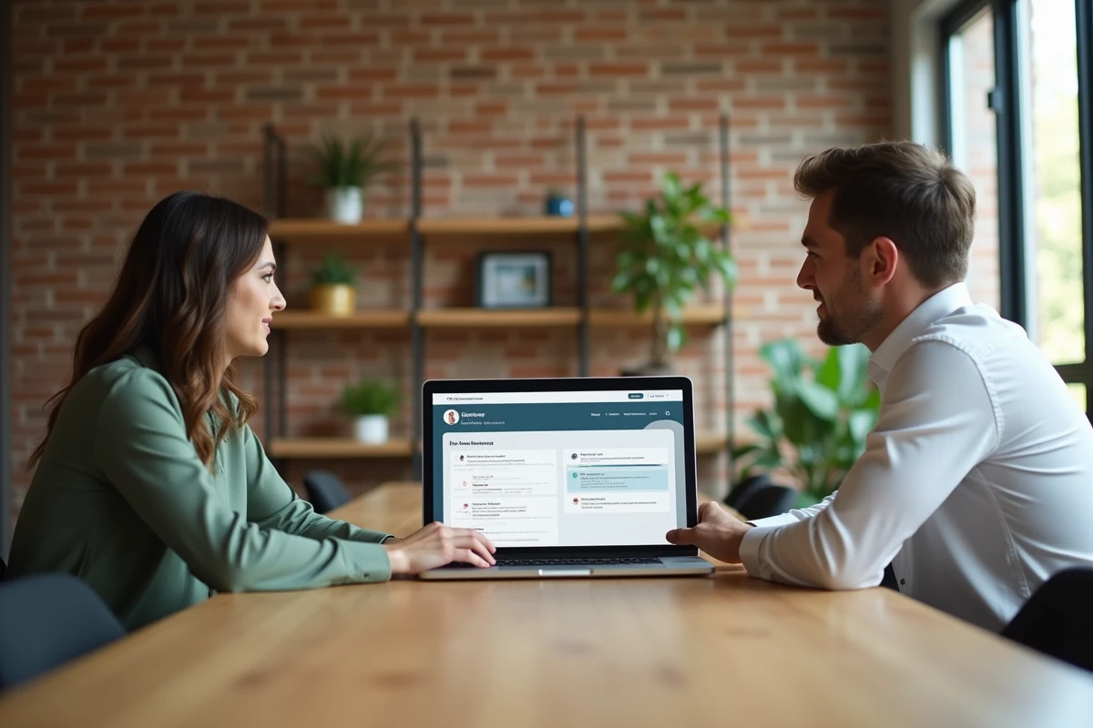 Deux professionnels SaaS collaborant autour d'un flux de chat en direct pour améliorer l'onboarding et réduire le churn