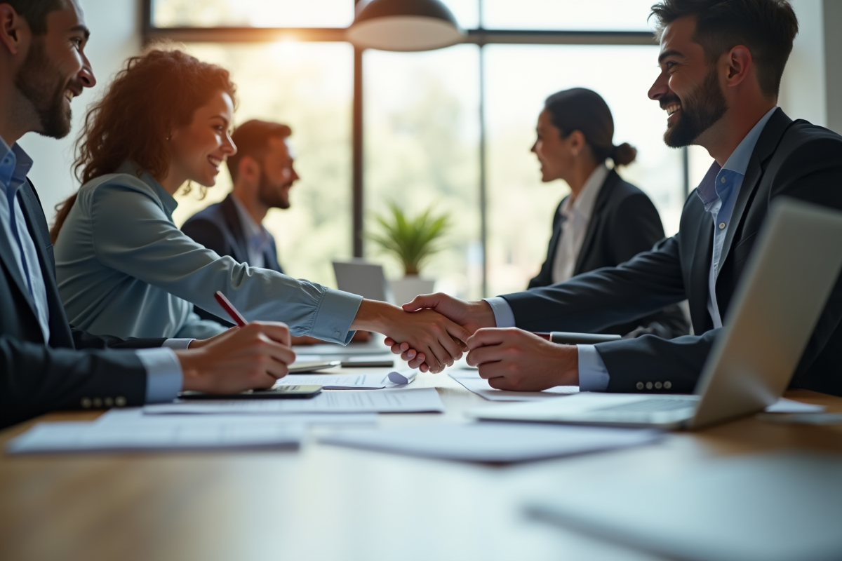 Groupe de professionnels collaborant autour d'une table lumineuse