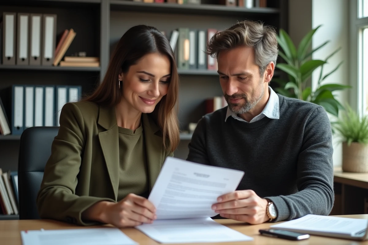 Deux collègues relisant ensemble une lettre formelle au bureau, illustrant l'usage de formules professionnelles dans les écrits d'entreprise