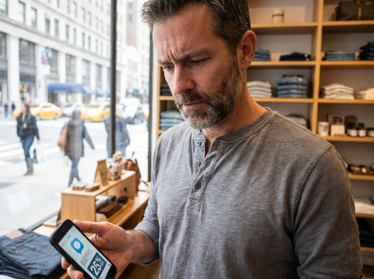 Commerçant lisant un message SMS promotionnel sur son smartphone dans une boutique de détail