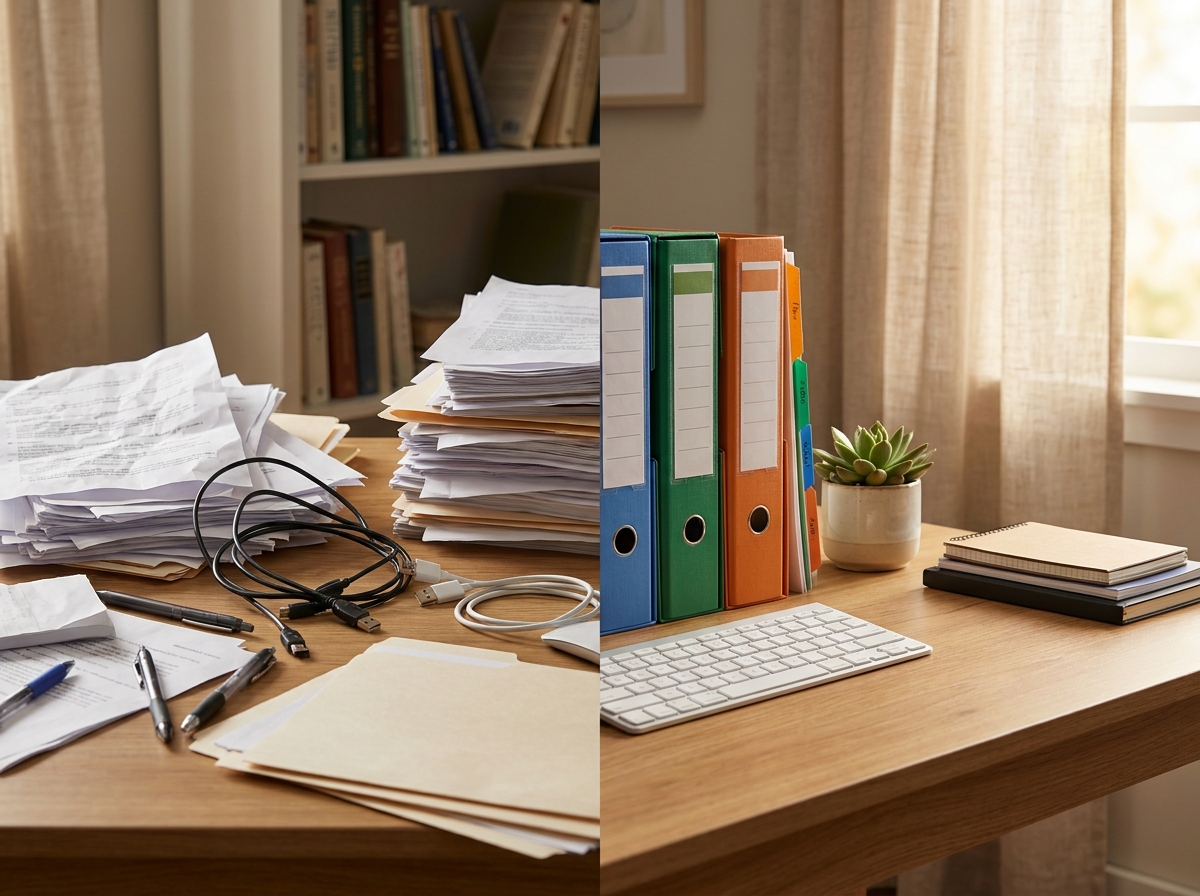 Bureau de bureau partagé en désordre et bien rangé côte à côte illustrant l'organisation des documents d'entreprise