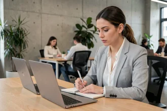 Une femme professionnelle compare deux outils de gestion de tâches sur des ordinateurs portables dans un bureau moderne
