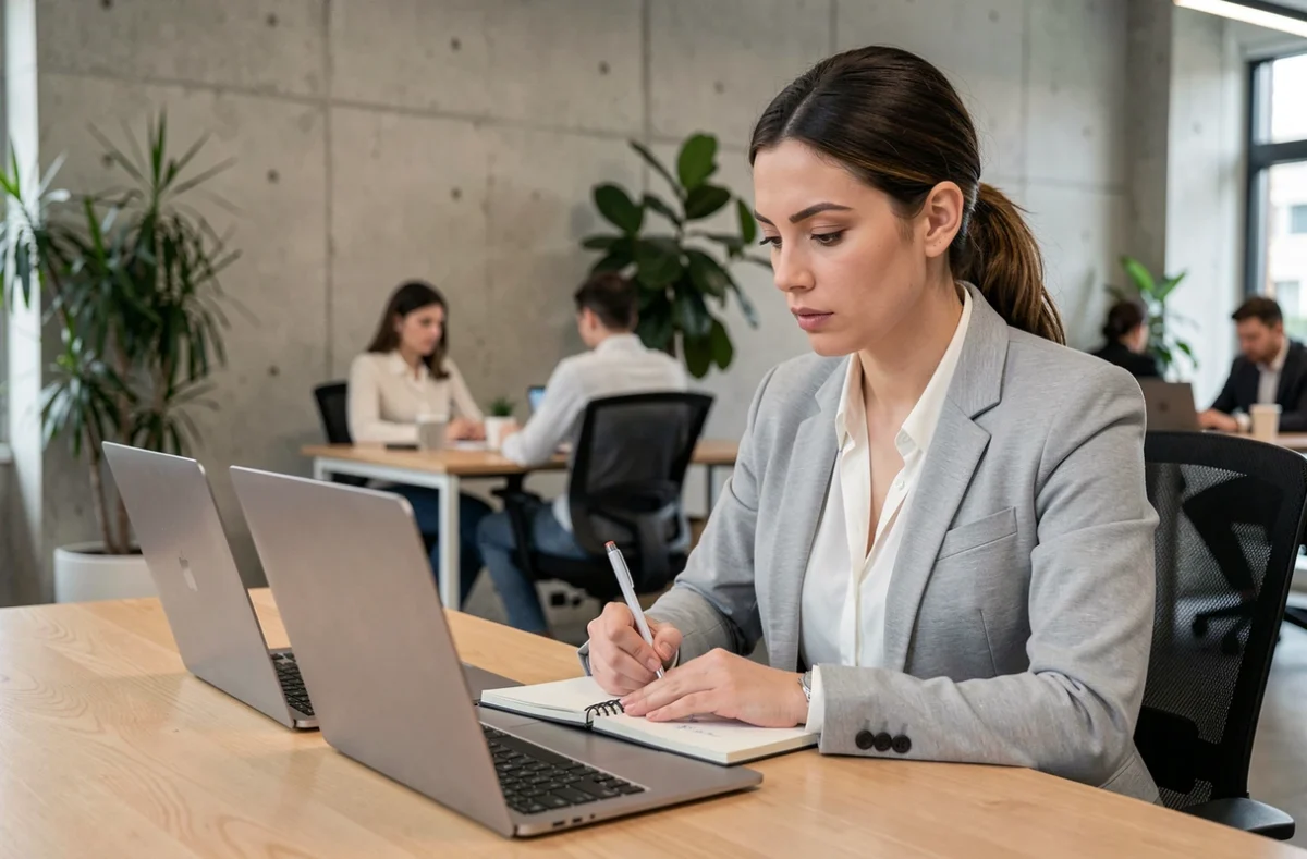 Une femme professionnelle compare deux outils de gestion de tâches sur des ordinateurs portables dans un bureau moderne
