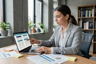 Femme analysant des tableaux comparatifs de prix d'outils IA marketing sur un ordinateur portable dans un bureau moderne