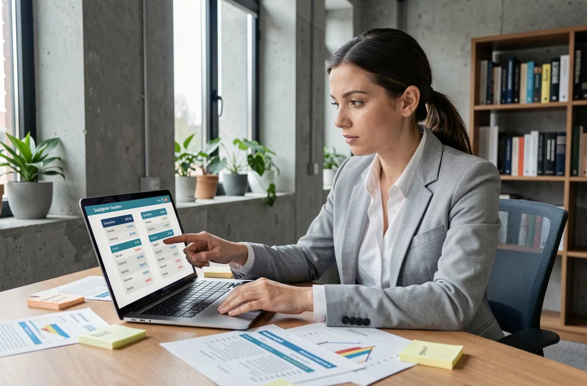 Femme analysant des tableaux comparatifs de prix d'outils IA marketing sur un ordinateur portable dans un bureau moderne