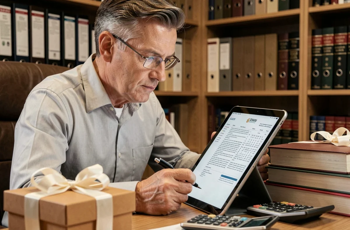 Comptable expert étudiant la réglementation fiscale sur tablette concernant les cadeaux salariés déductibles