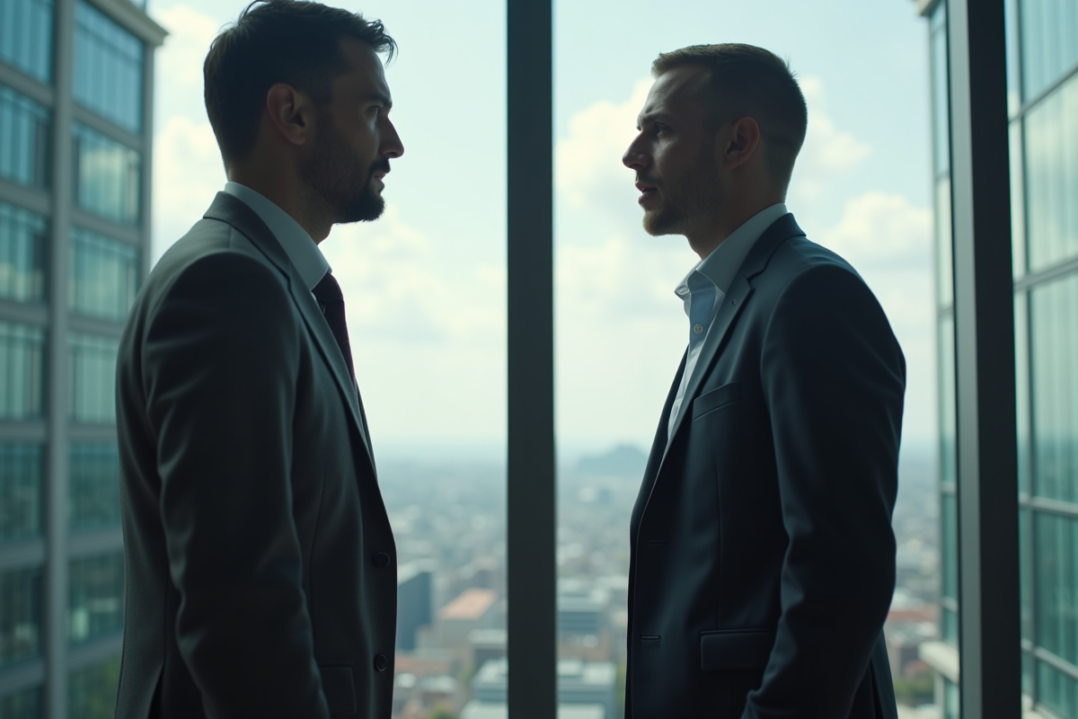 Manager et employé en discussion tendue dans un bureau vitré