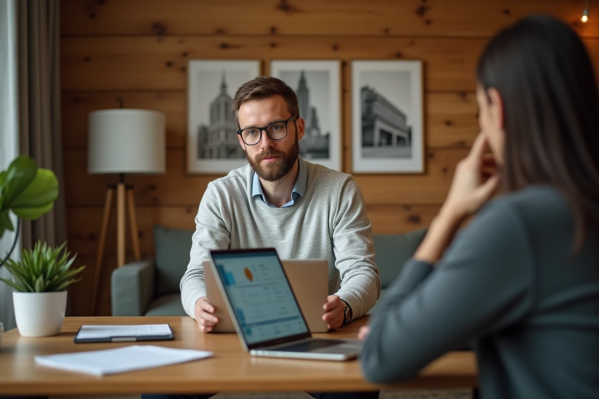 Conseiller immobilier présentant le logiciel Terrena à des clients lors d'un rendez-vous en salle de réunion