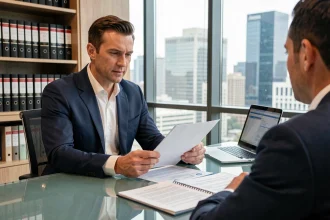 Consultant professionnel en réunion d'expertise dans un bureau moderne avec documents et vue urbaine