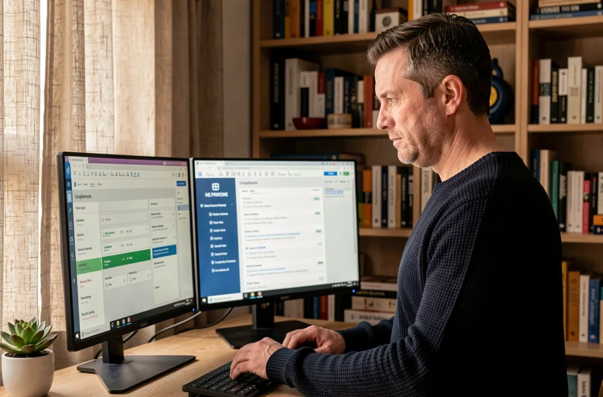 Consultant informatique paramétrant les droits d'accès et la conformité RGPD d'un SIRH depuis son bureau à domicile