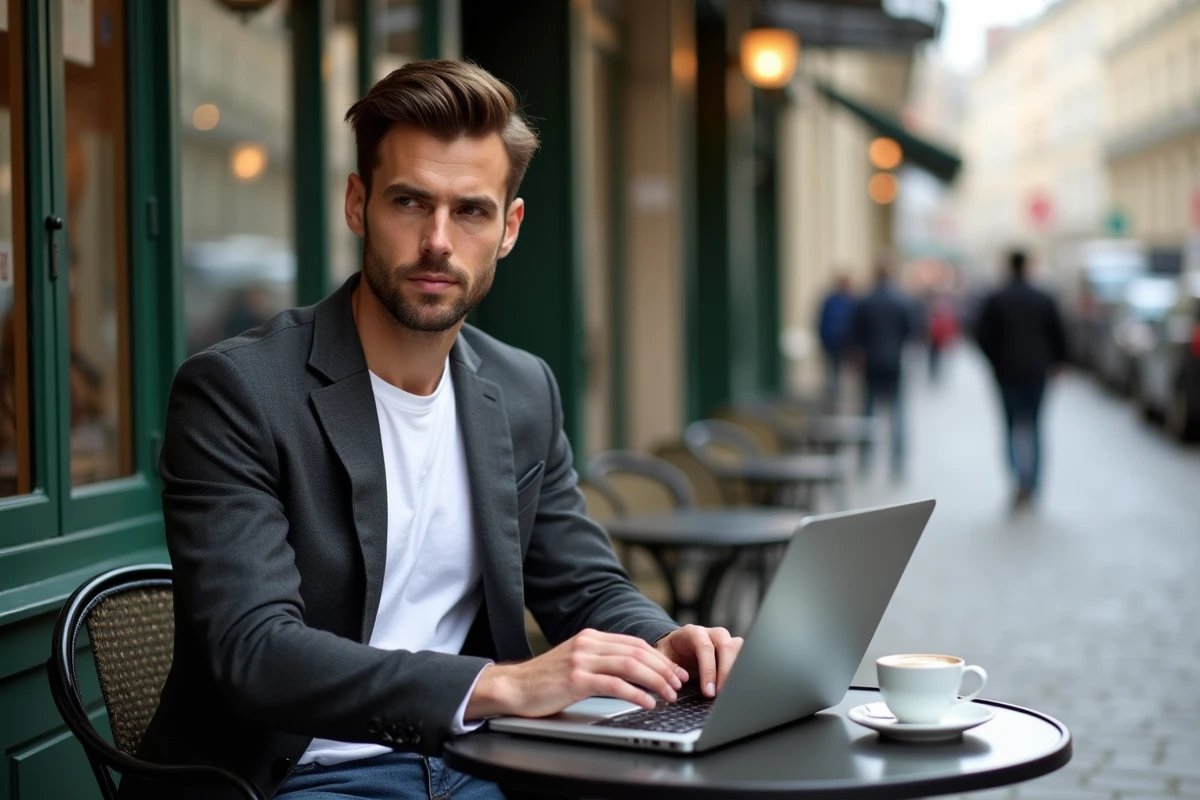 Consultant numérique indépendant travaillant en télétravail depuis une terrasse de café parisienne avec un laptop