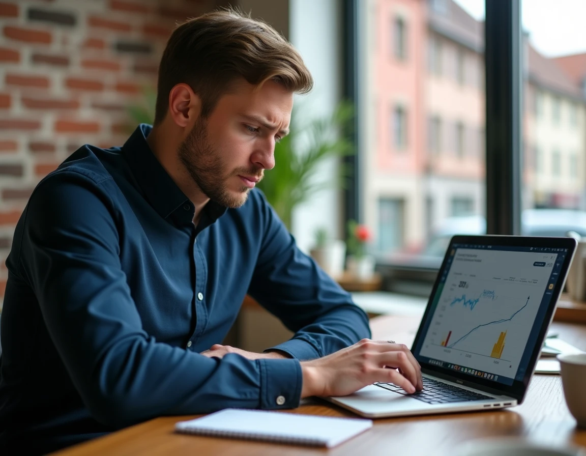 Consultant SEO en Alsace analysant les erreurs d'un site web local sur un ordinateur portable dans un coworking strasbourgeois