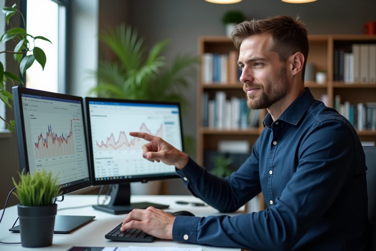 Consultant SEO Rennes Cédric Guérin analysant les positions Google sur des tableaux de bord numériques dans un bureau moderne