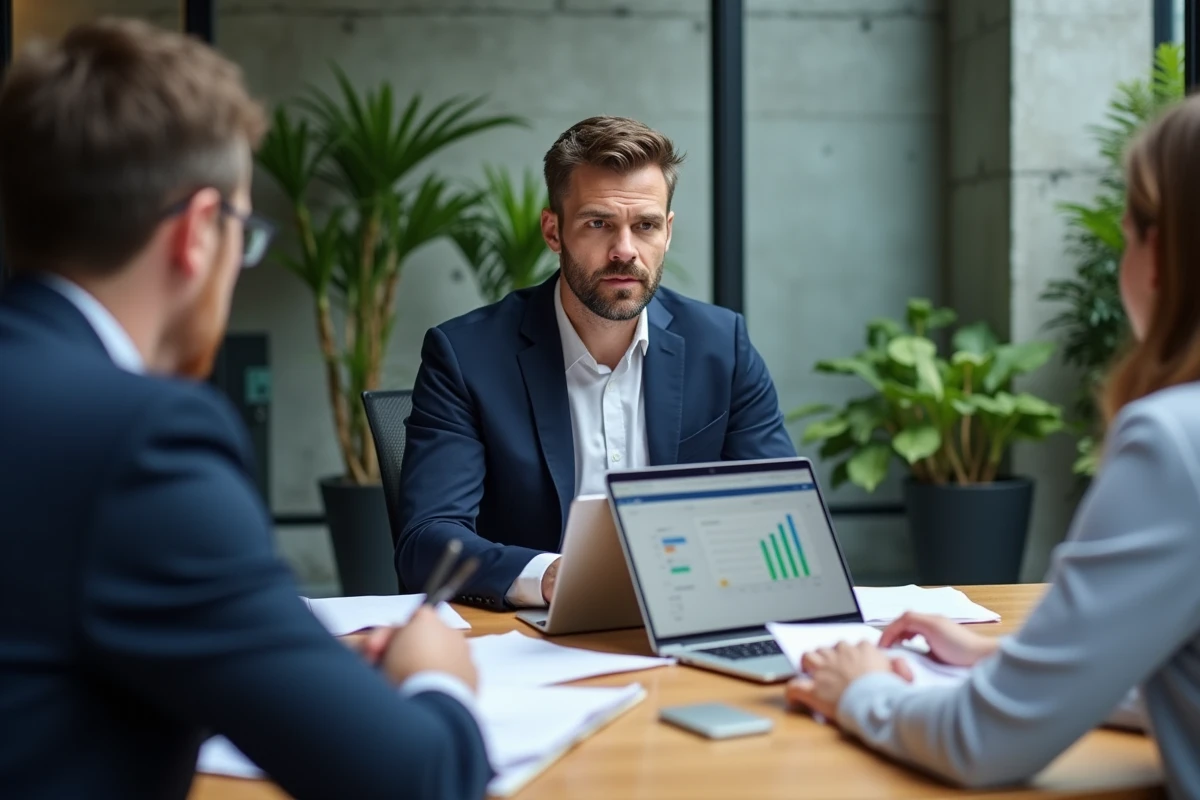 Consultant en stratégie d'entreprise présentant une analyse digitale à une équipe lors d'une réunion en salle de conférence moderne