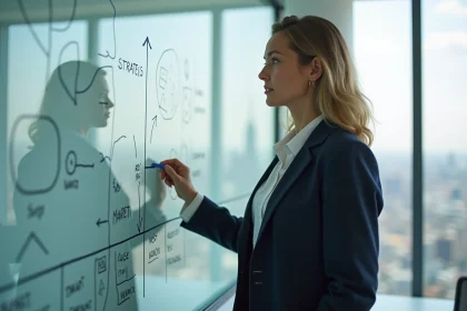 Consultante stratégique analysant une matrice McKinsey mise à jour sur un tableau blanc en salle de réunion d'entreprise moderne