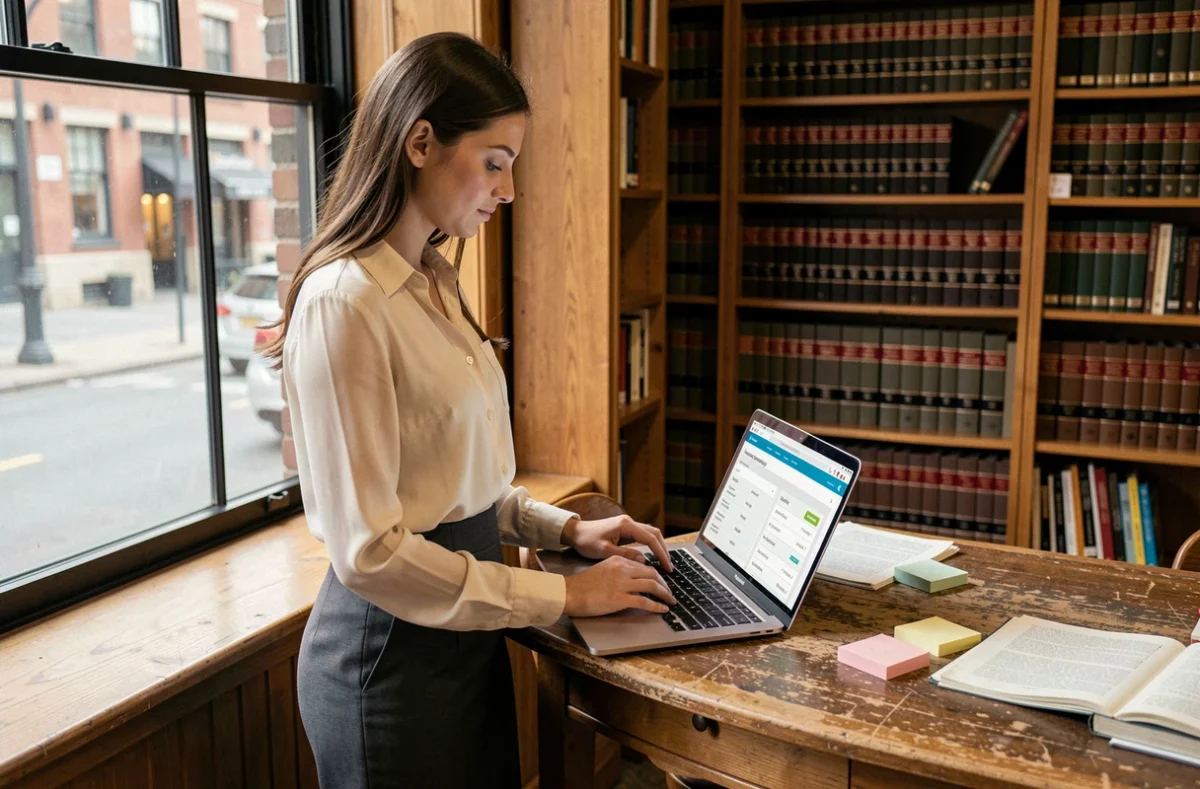 Jeune femme consultant une bourse emploi notaires sur un ordinateur portable pour préparer sa candidature
