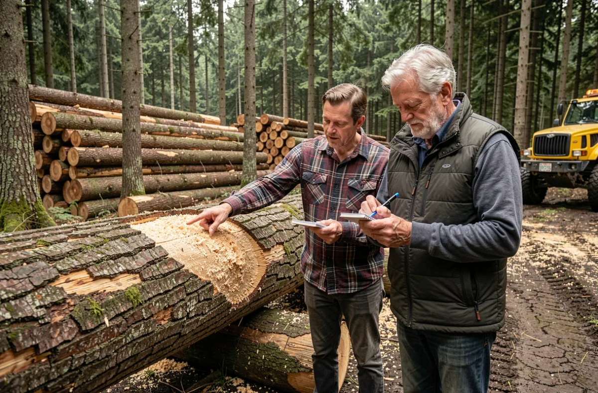 Deux propriétaires forestiers en consultation sur site devant des grumes abattues dans une forêt de conifères
