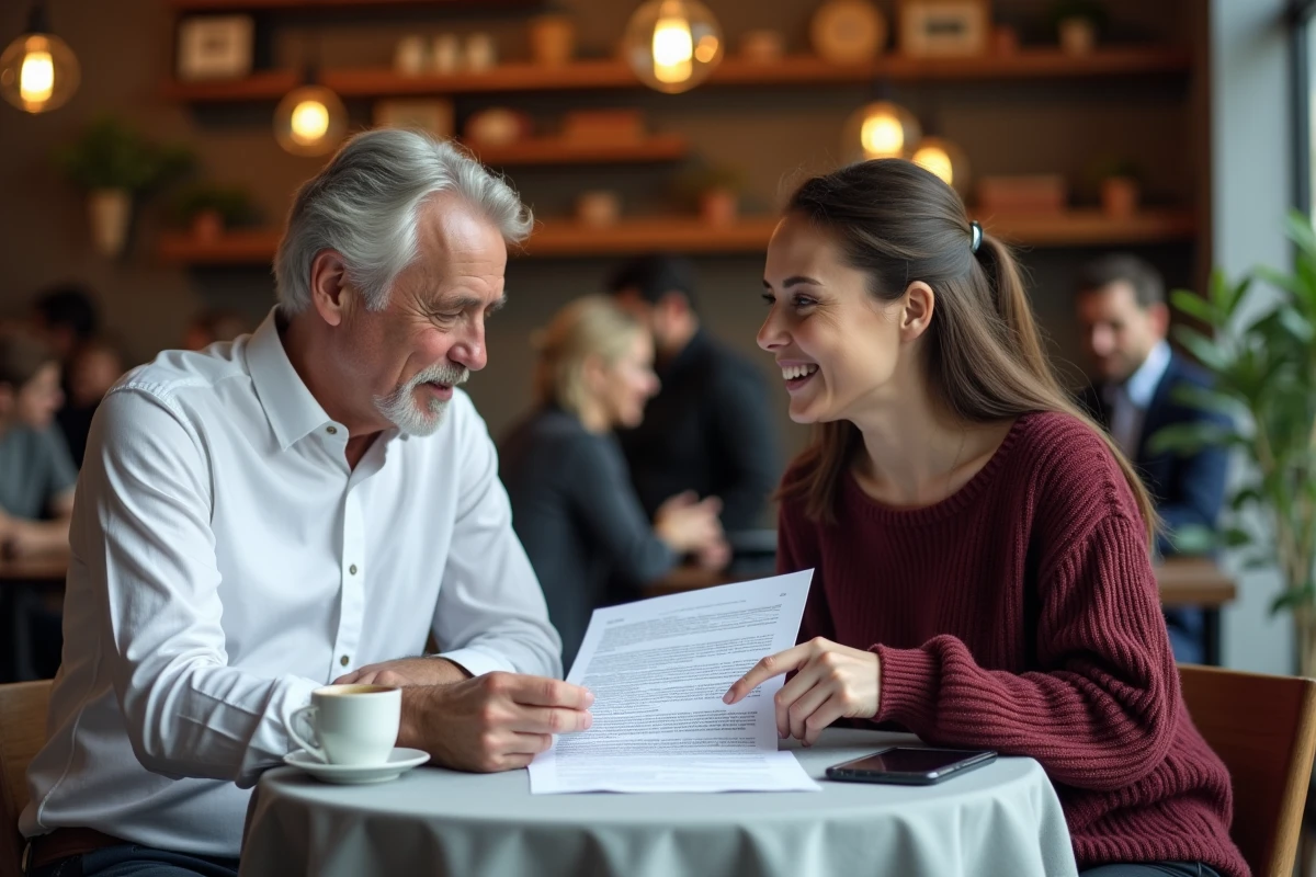 Deux particuliers examinant un contrat de prestation de service rémunéré dans un café, discussion sur les clauses de protection