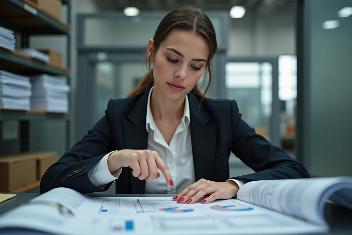 Jeune femme pointant un document technique dans un atelier