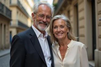 Couple élégant posant devant un immeuble haussmannien à Paris, évoquant une histoire d'amour dans le milieu du cinéma français