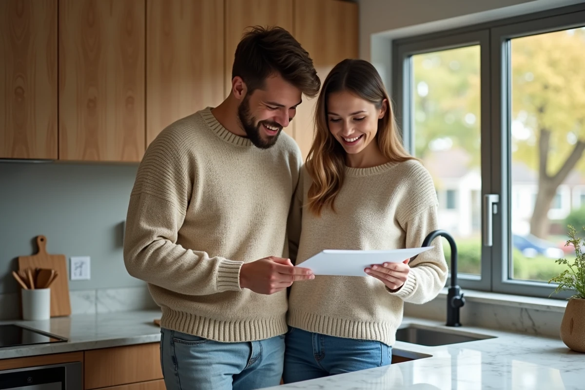 Jeune couple discutant dans une cuisine moderne ensoleillée