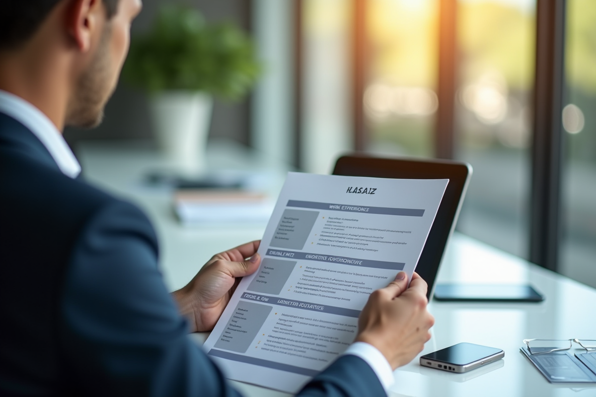 Professionnel examinant un CV au bureau lumineux