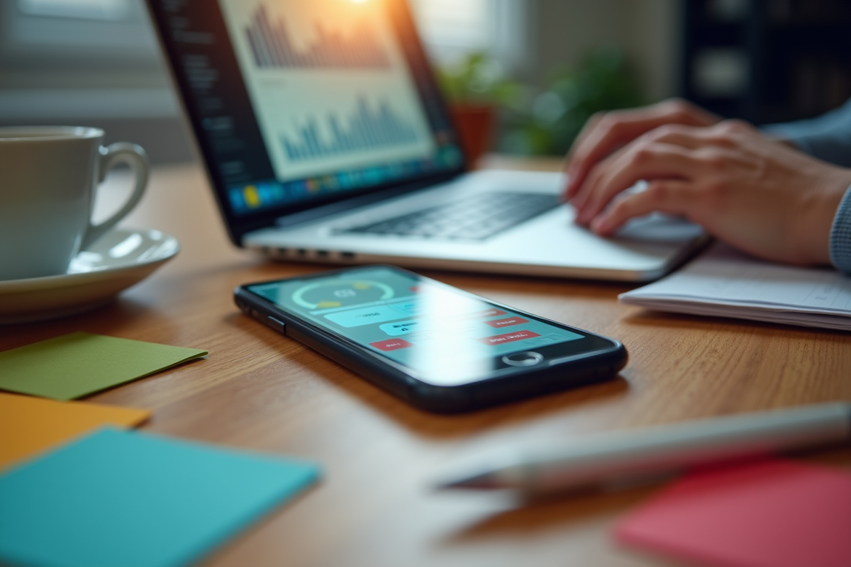 Smartphone avec tableau de bord social media sur bureau
