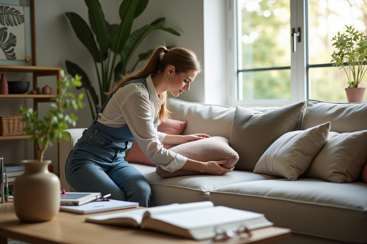 Décorateur arrangeant des coussins dans un salon lumineux