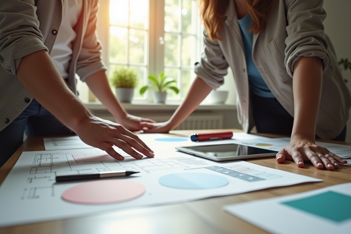 Décorateur d'intérieur discutant avec un client dans un bureau lumineux