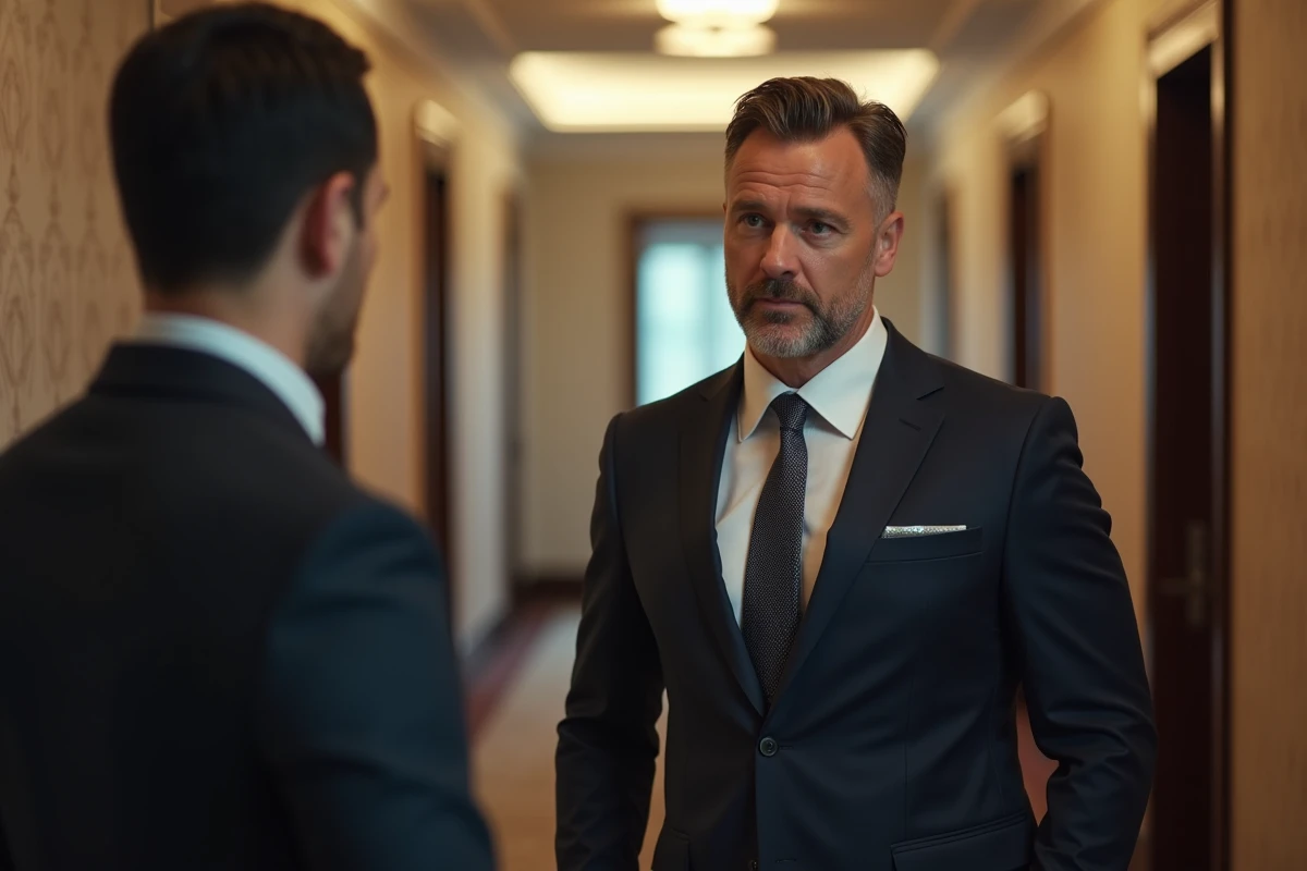 Directeur d'hôtel en costume marine discutant avec un employé dans un couloir d'hôtel, représentant l'accès aux postes d'encadrement mieux rémunérés dans l'hôtellerie