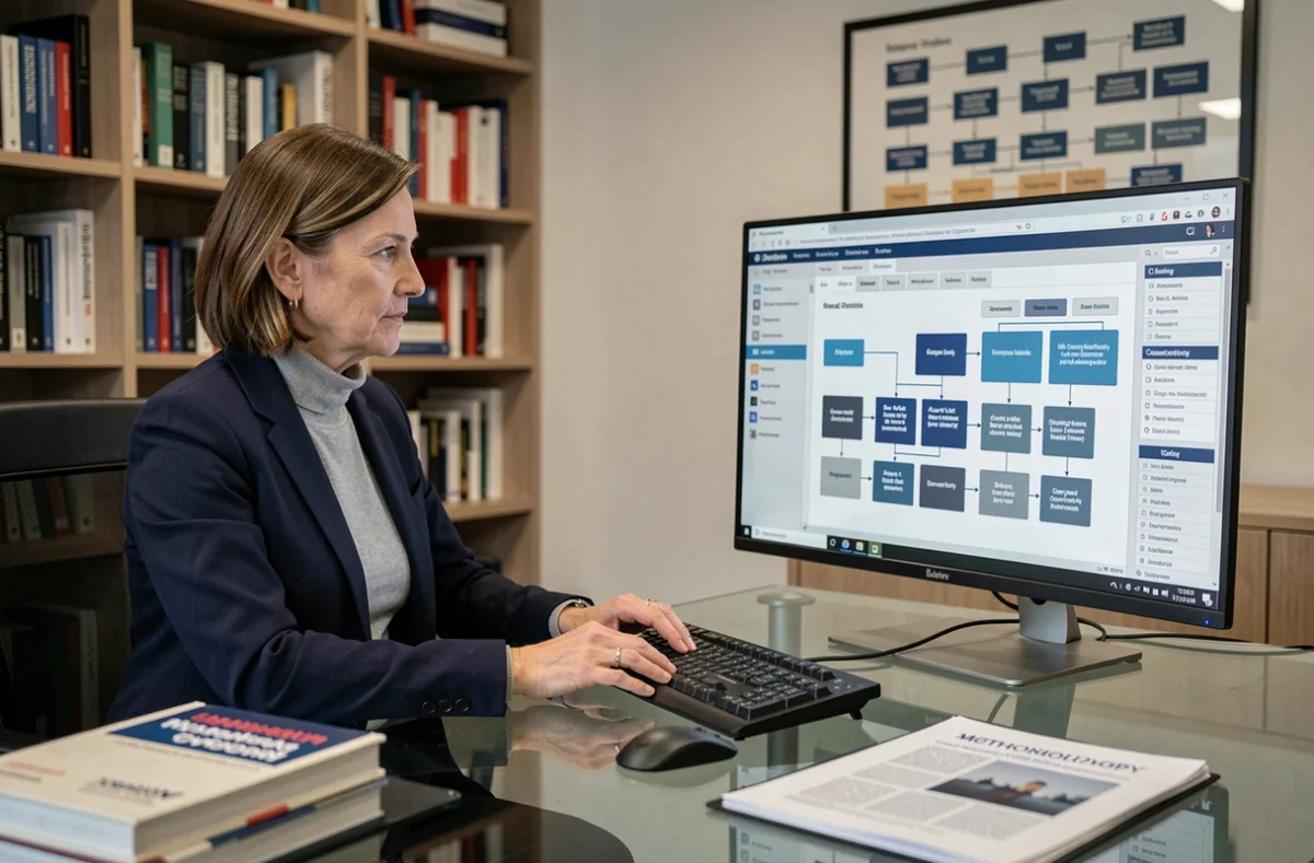 Directrice en ingénierie des systèmes travaillant sur un logiciel de modélisation d'entreprise dans un bureau exécutif contemporain, référence au management des systèmes complexes