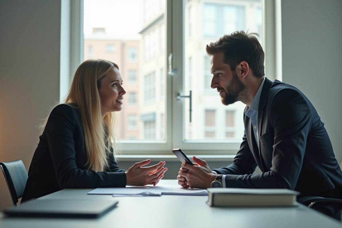 Deux personnes discutent dans un bureau moderne avec un smartphone