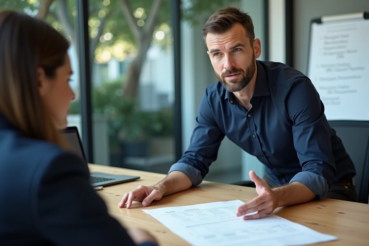 Responsable RH et salarié discutant d'un planning de congés d'été autour d'une table de réunion en entreprise