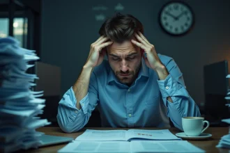 Employé de bureau épuisé travaillant tard le soir face à des heures supplémentaires excessives