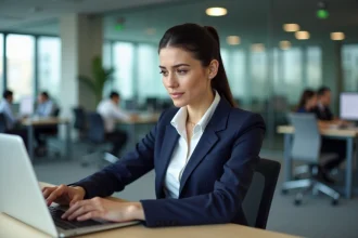 Employée perplexe devant son ordinateur portable cherchant ses codes de connexion au CSE Altran en open space professionnel