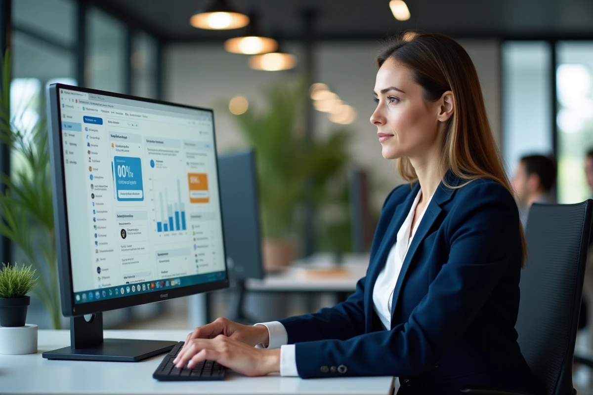 Employée utilisant l'intranet Inetum sur son ordinateur de bureau dans un espace de travail moderne