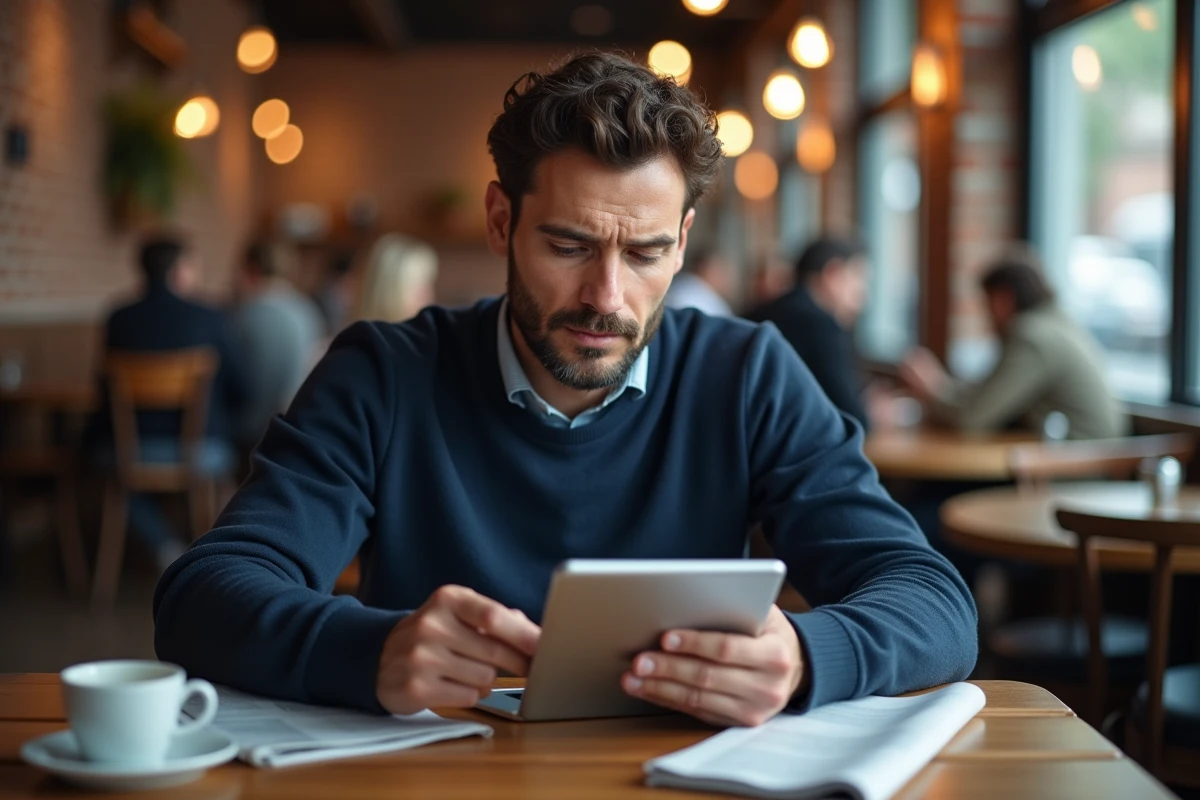 Entrepreneur masculin consultant les offres d'abonnement au journal des entrepreneurs depuis un café urbain