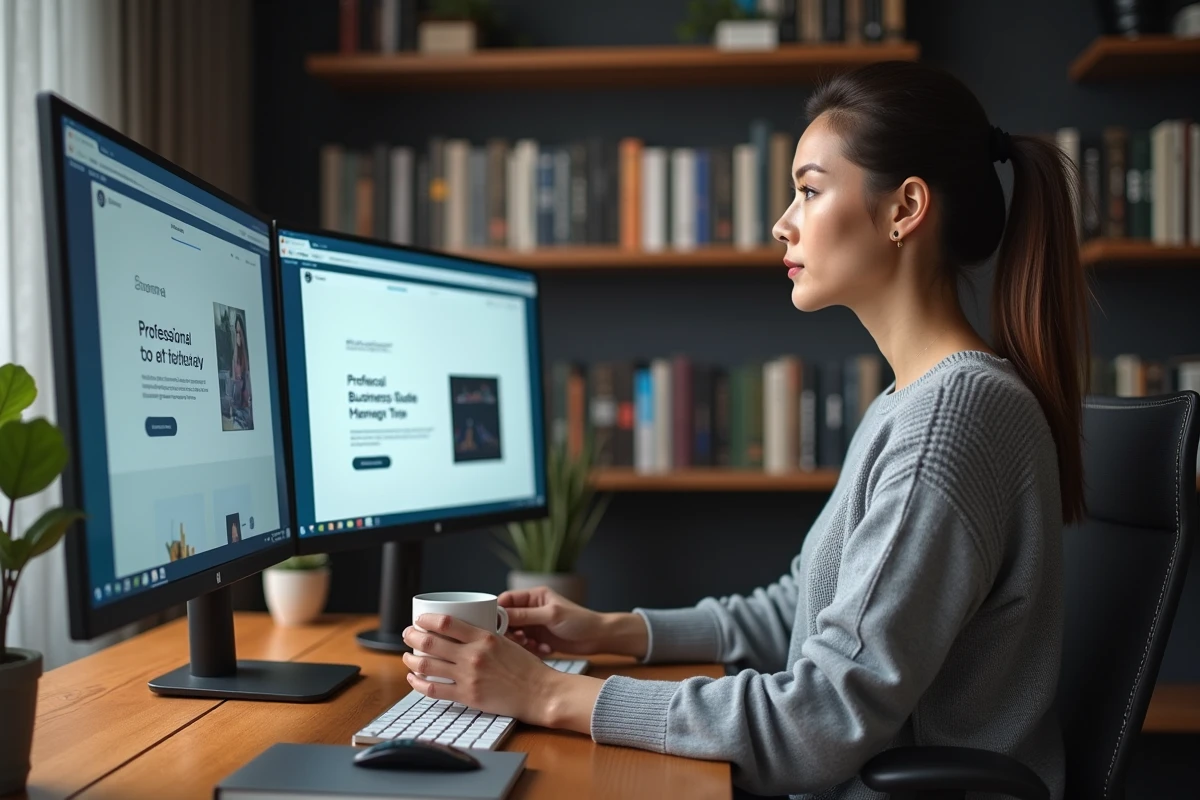 Femme cheffe d'entreprise comparant un guide numérique et un conseil classique sur son ordinateur dans un bureau à domicile