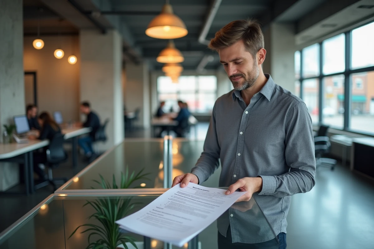 Entrepreneur examinant un formulaire d'enregistrement de marque dans un espace de coworking