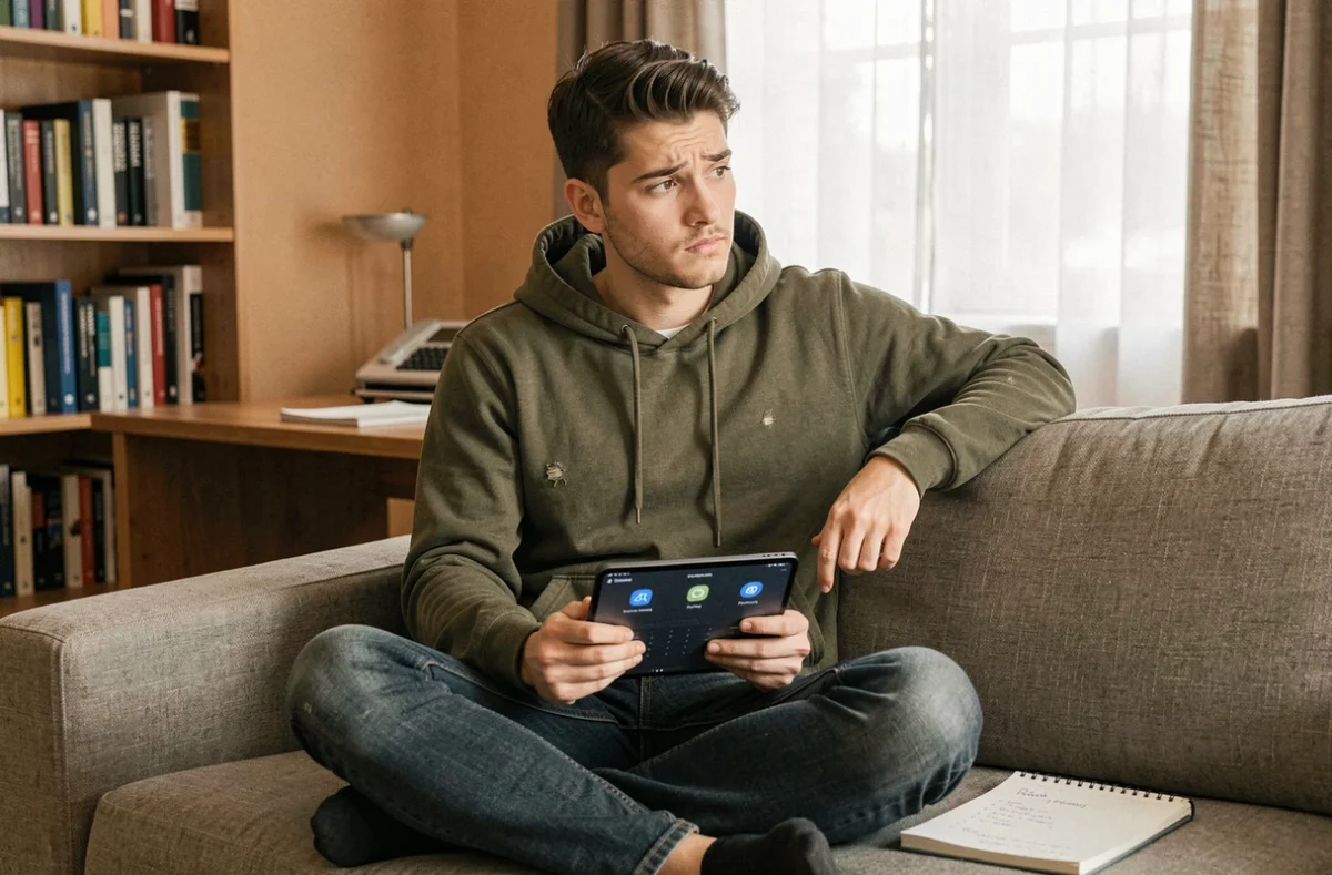 Jeune entrepreneur évaluant les prix d'alternatives IA sur une tablette dans un bureau à domicile